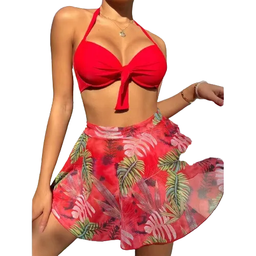 Red Knot Push Up Bikini Swimsuit & Plant Print Beach Skirt