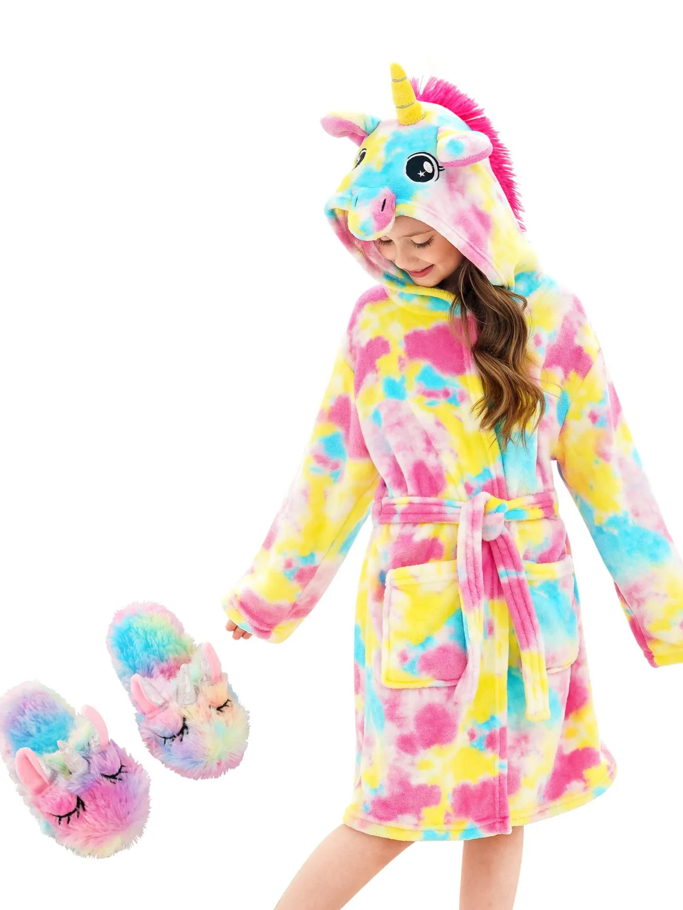 Unicorn Girls Robes Pajamas Pink Tie-dye Soft Hooded Bathrobe Sleepwear Matching Slippers For Girls - Doctor Unicorn