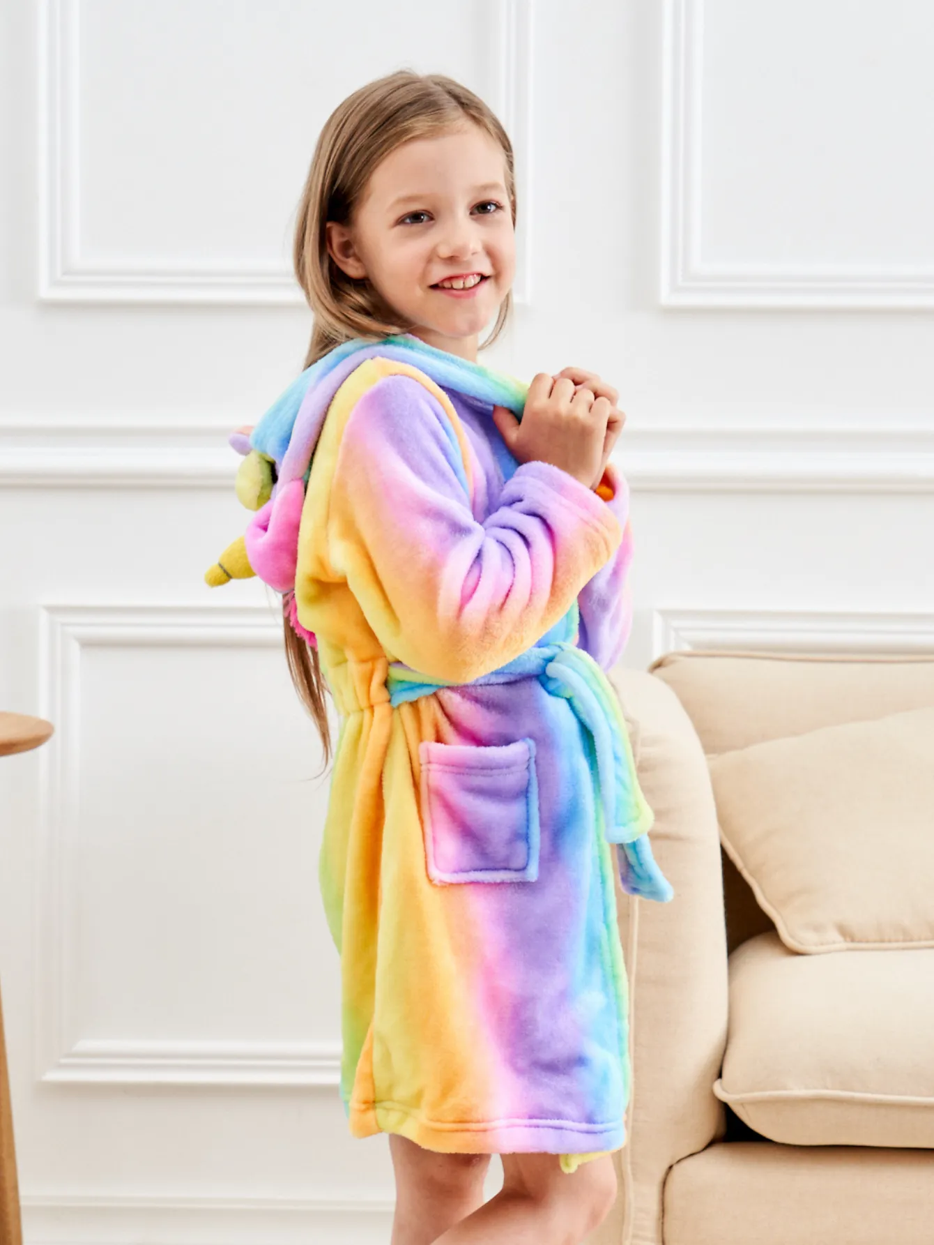 Unicorn Girls Robes Pajamas Rainbow Hooded Soft Lounge Bathrobe For Girls With 3D-ear Belted And Dual Pocket - Doctor Unicorn