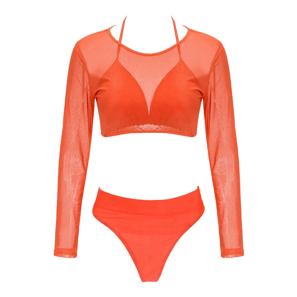 Upopby Solid 3-Piece Swimsuit High Waist Bikini With Mesh Long Sleeve Cover-Ups
