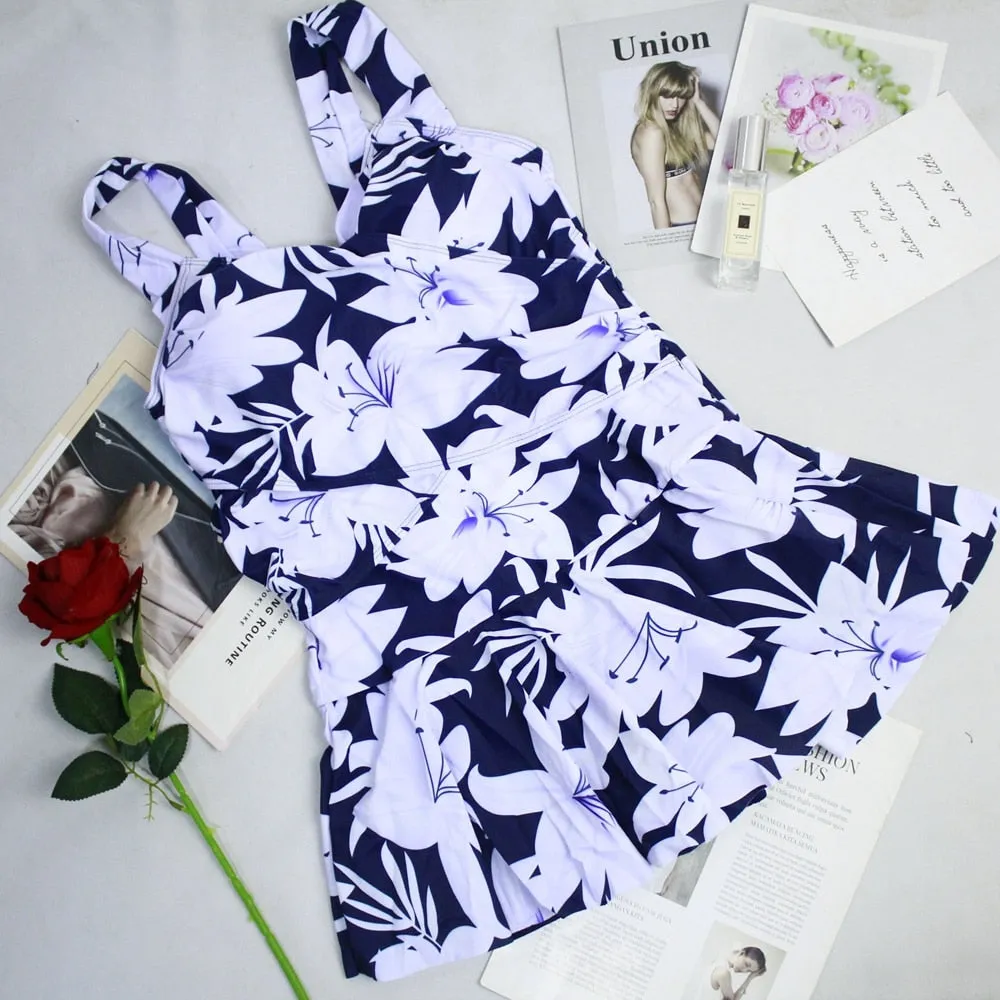 Vintage Print Plus Size Tankini Dress Bathing Suit Swimwear Skirt Bodysuit Monokini Swimsuit