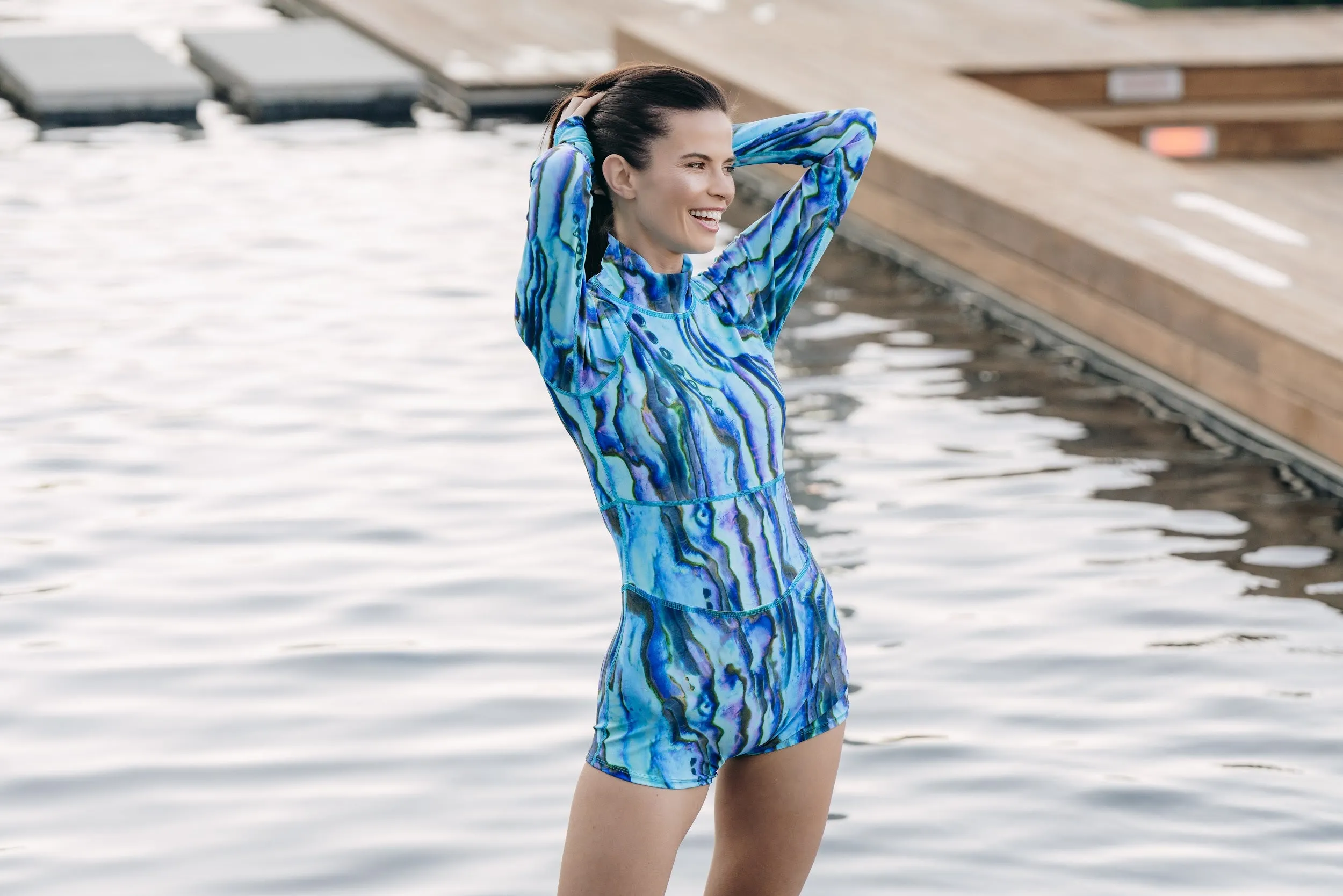 WOMEN'S UPF 50  SUN PROTECTIVE LONG SLEEVE "SHORTY" SWIMSUIT - BLUE ABALONE