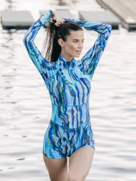 WOMEN'S UPF 50  SUN PROTECTIVE LONG SLEEVE "SHORTY" SWIMSUIT - BLUE ABALONE